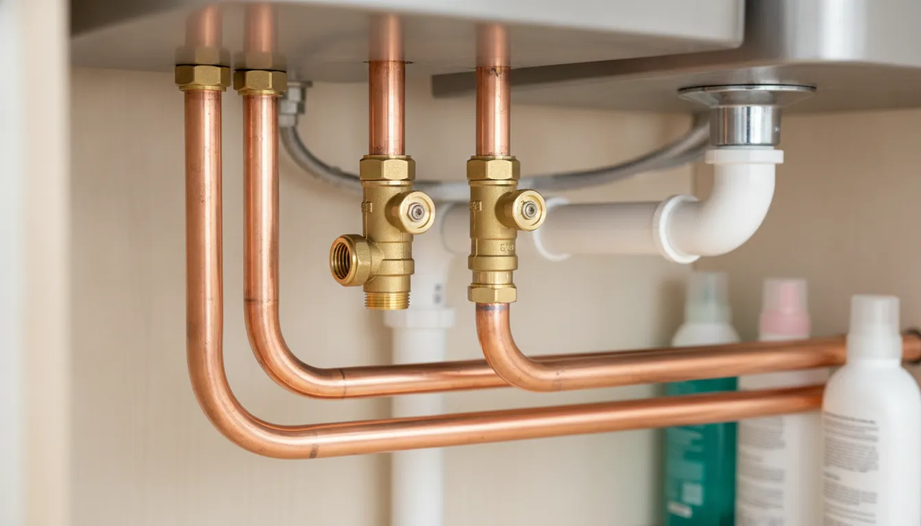 Clean copper plumbing pipes and shut-off valves under a residential kitchen sink