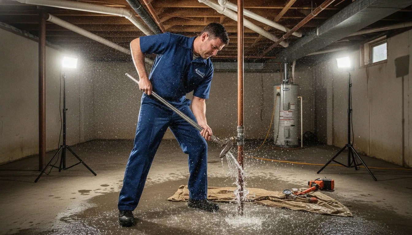 A professional plumber in uniform repairing a burst pipe in a residential basement, demonstrating expert emergency plumbing service