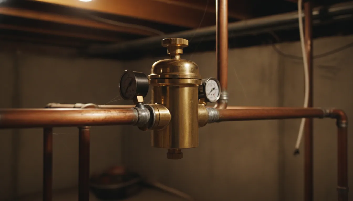 Brass plumbing pressure regulating valve connected to home copper water lines