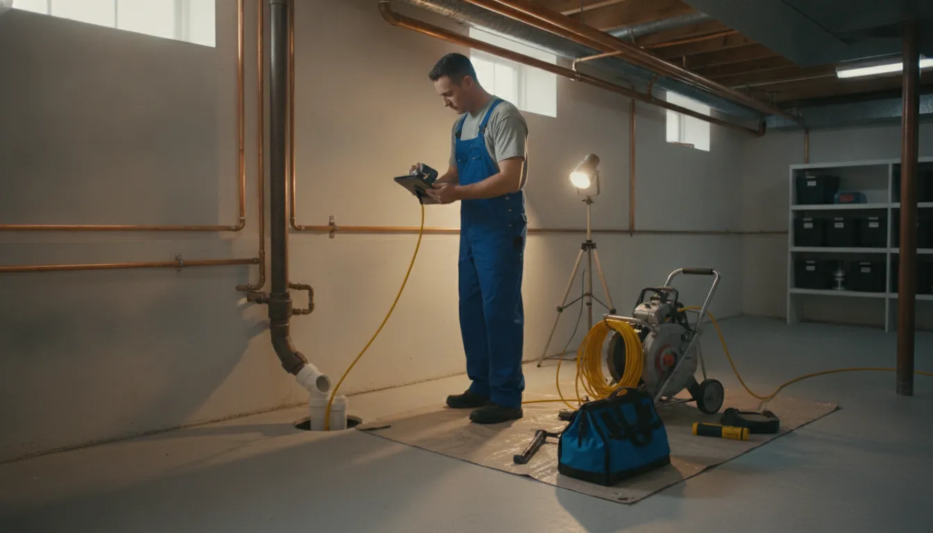 Plumber inspecting a sewer line with professional drain cleaning equipment