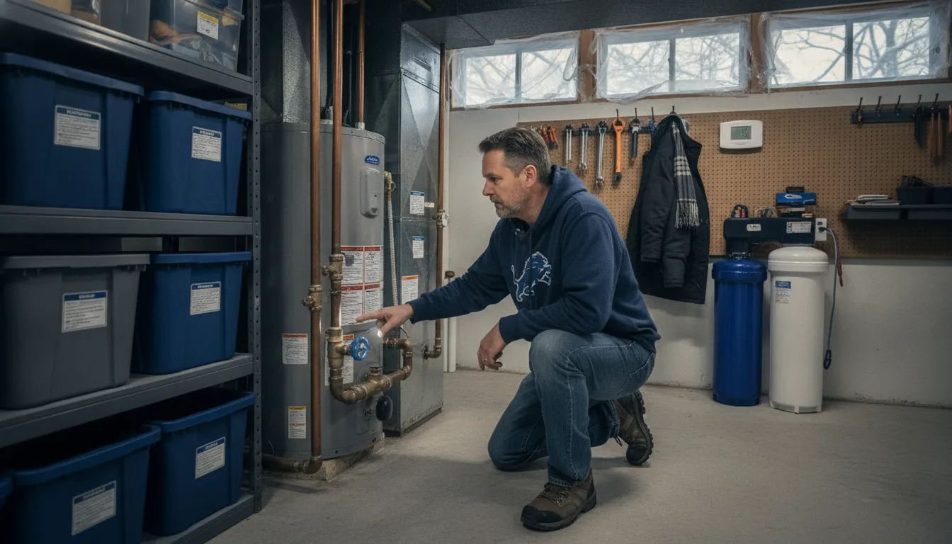 Detroit homeowner locating the main water shutoff before a winter pipe emergency