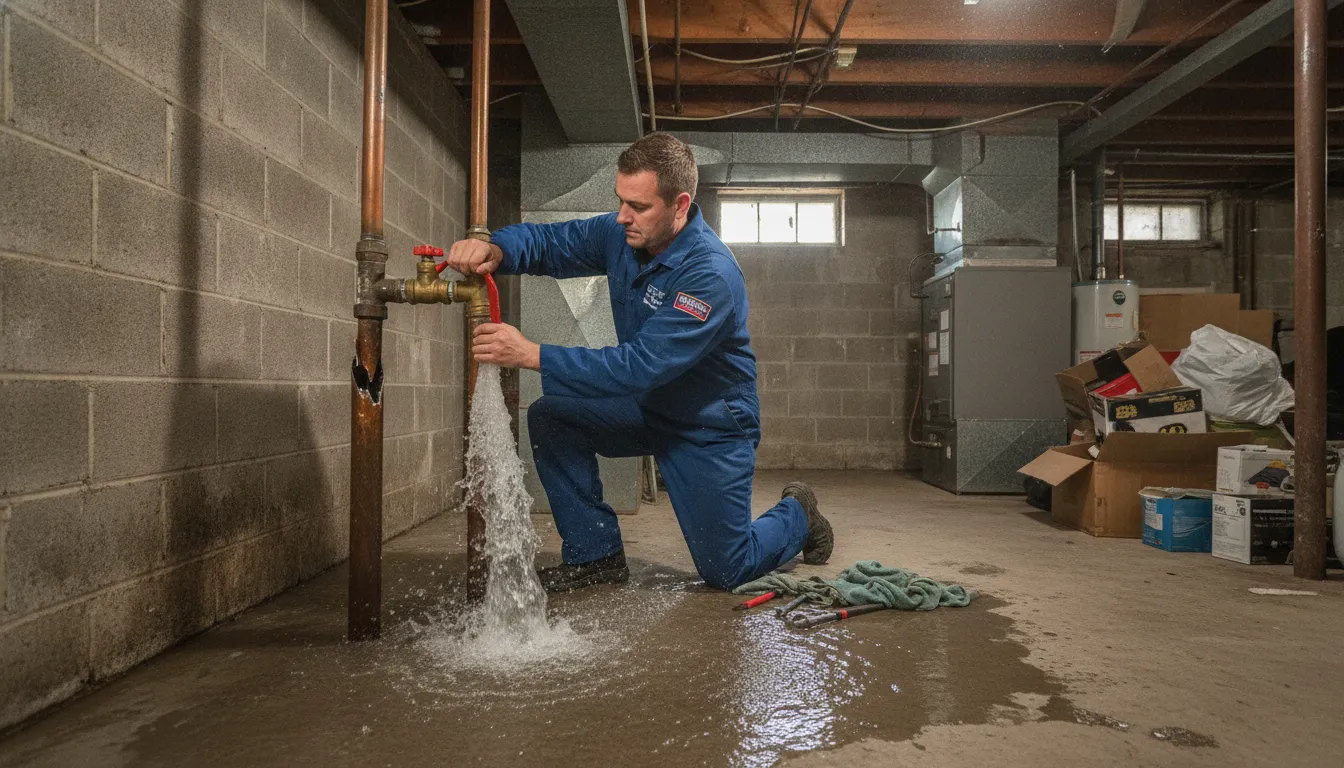 Detroit homeowner shutting off the main water valve during a plumbing emergency