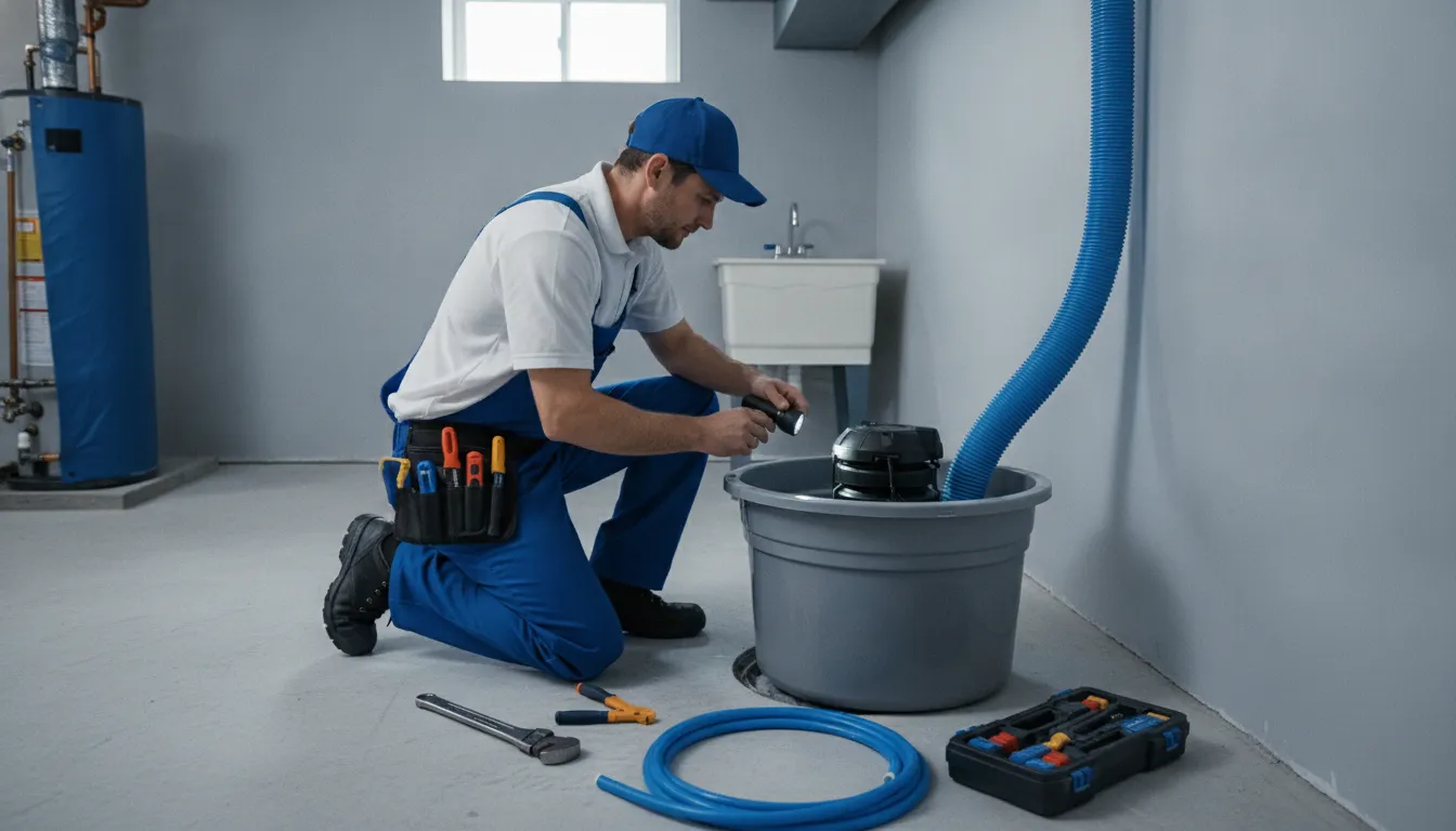 Plumber inspecting a sump pump basin in a Novi basement utility area