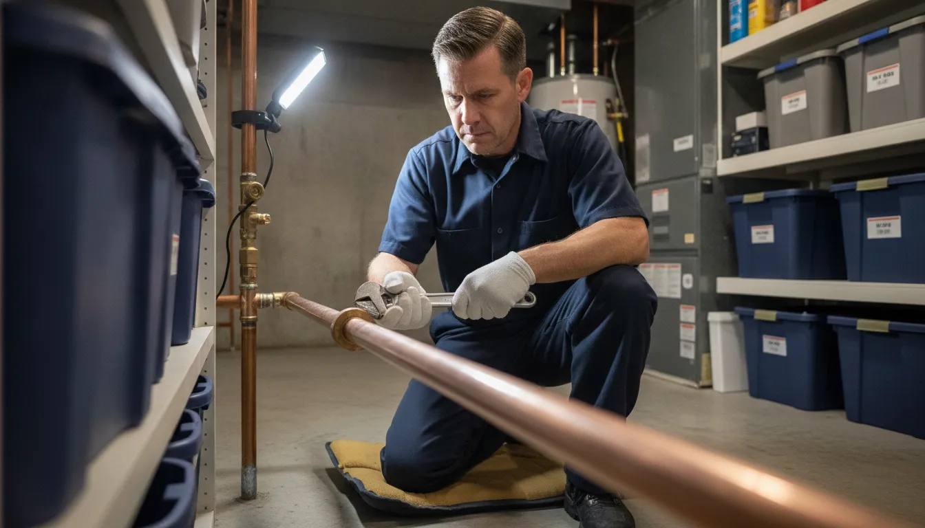 Plumber inspecting the base and lower fittings of a residential water heater