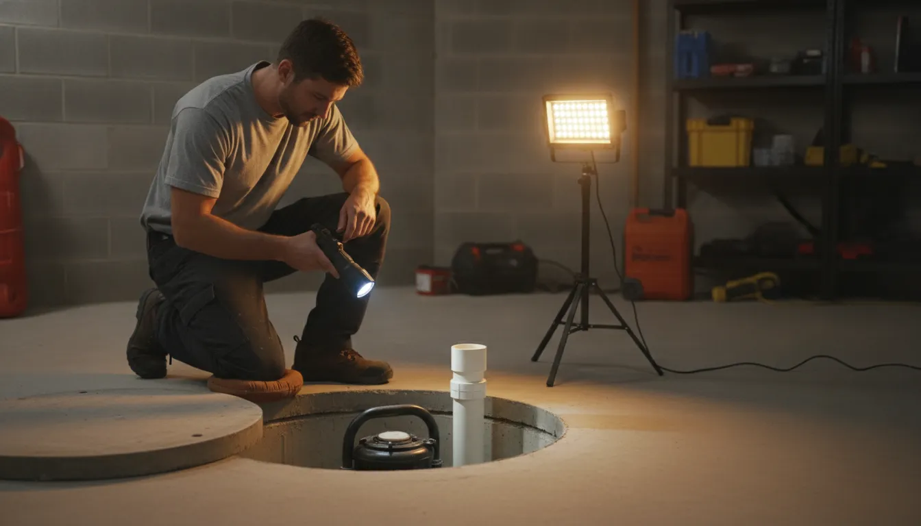 Licensed plumber kneeling beside an open sump pit inspecting a residential sump pump and discharge pipe