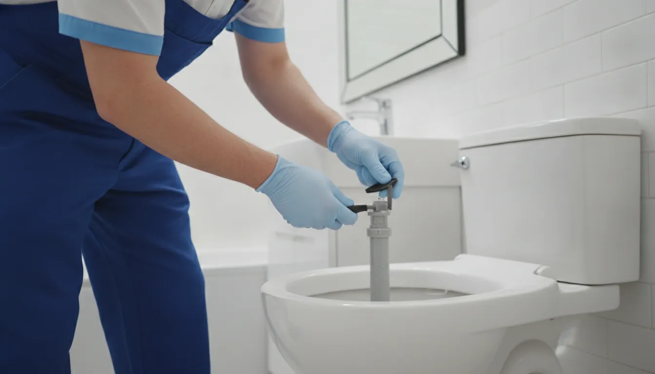 Technician inspecting toilet tank components