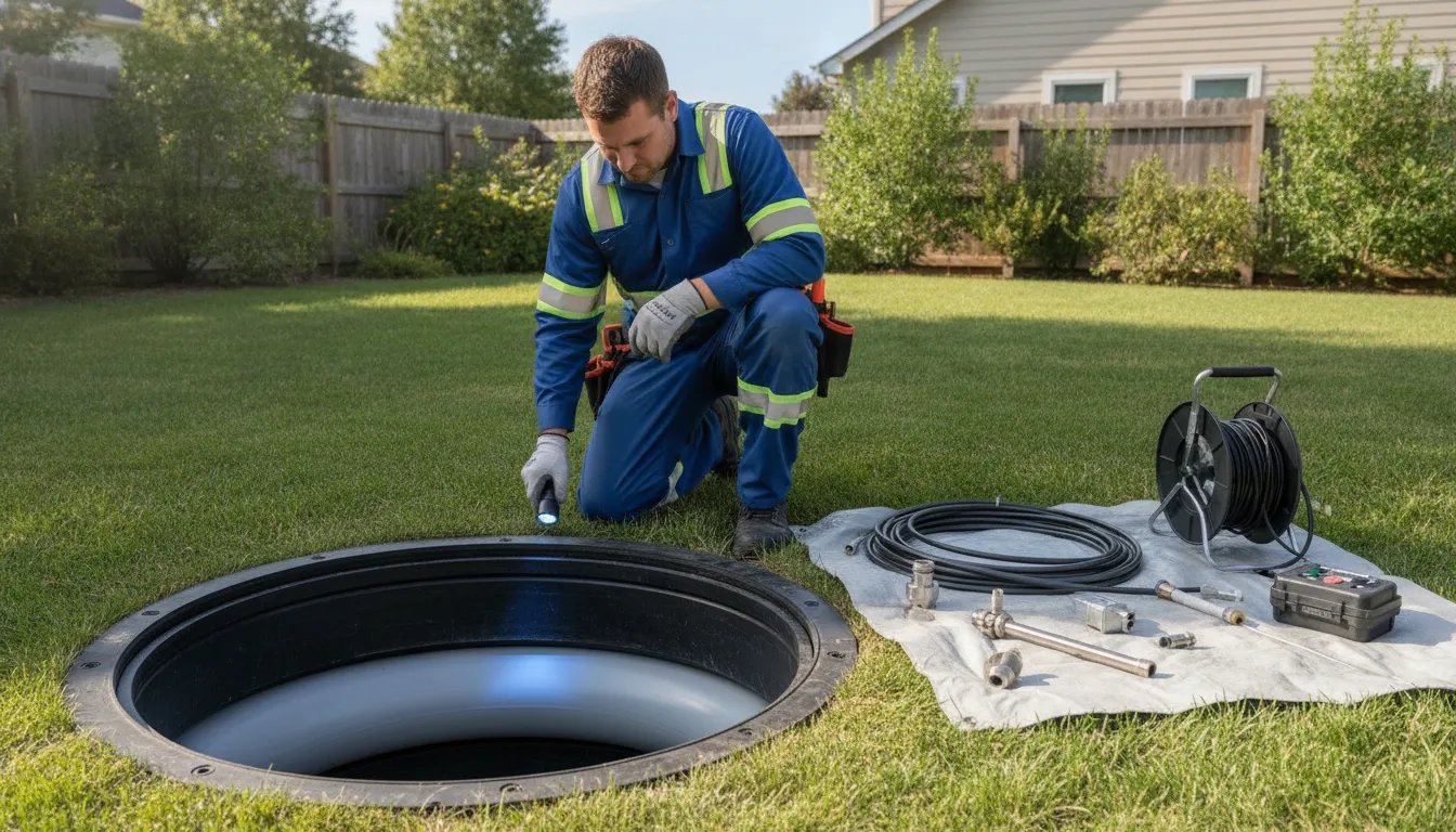 Technician preparing a trenchless sewer repair access point beside a residential property