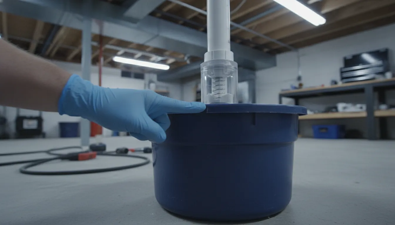 Technician pointing at a sump pump check valve on the PVC discharge pipe of a residential basement sump pump