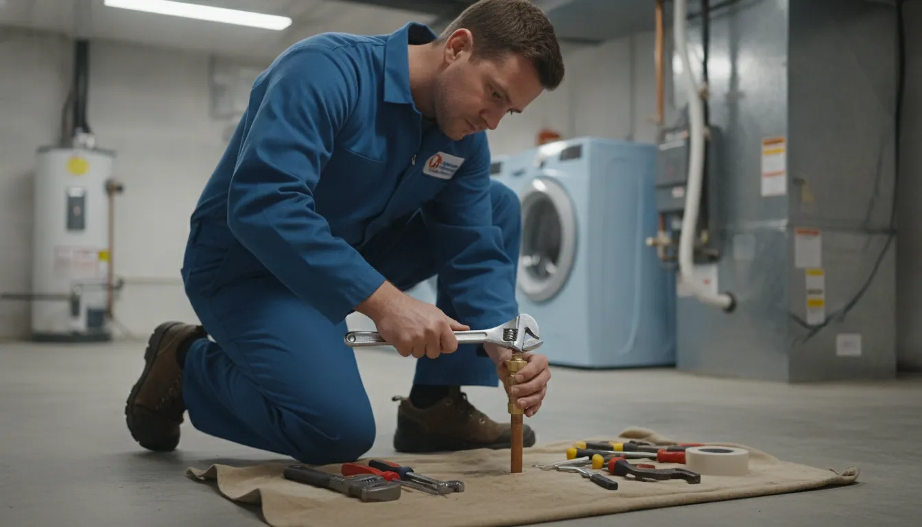 Plumber tightening an external fitting on a basement water heater during maintenance