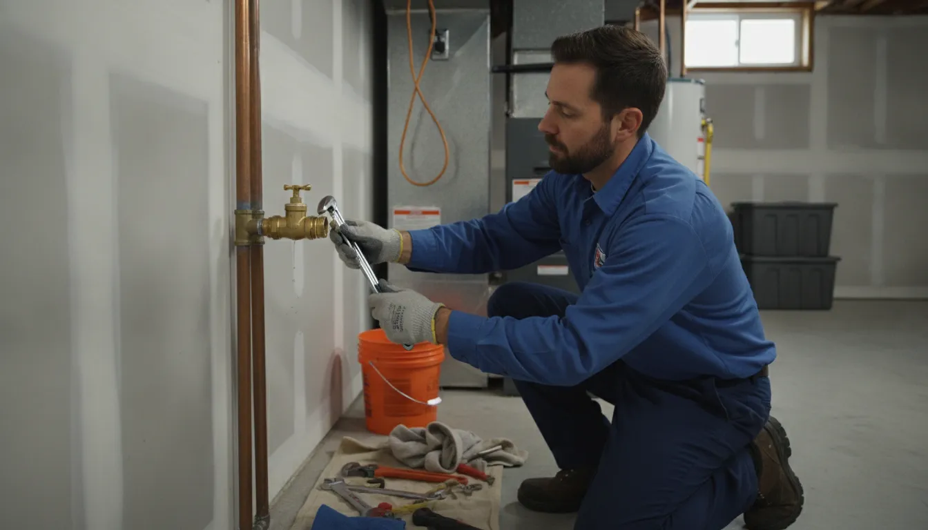 Licensed plumber performing main water line valve replacement on a copper pipe