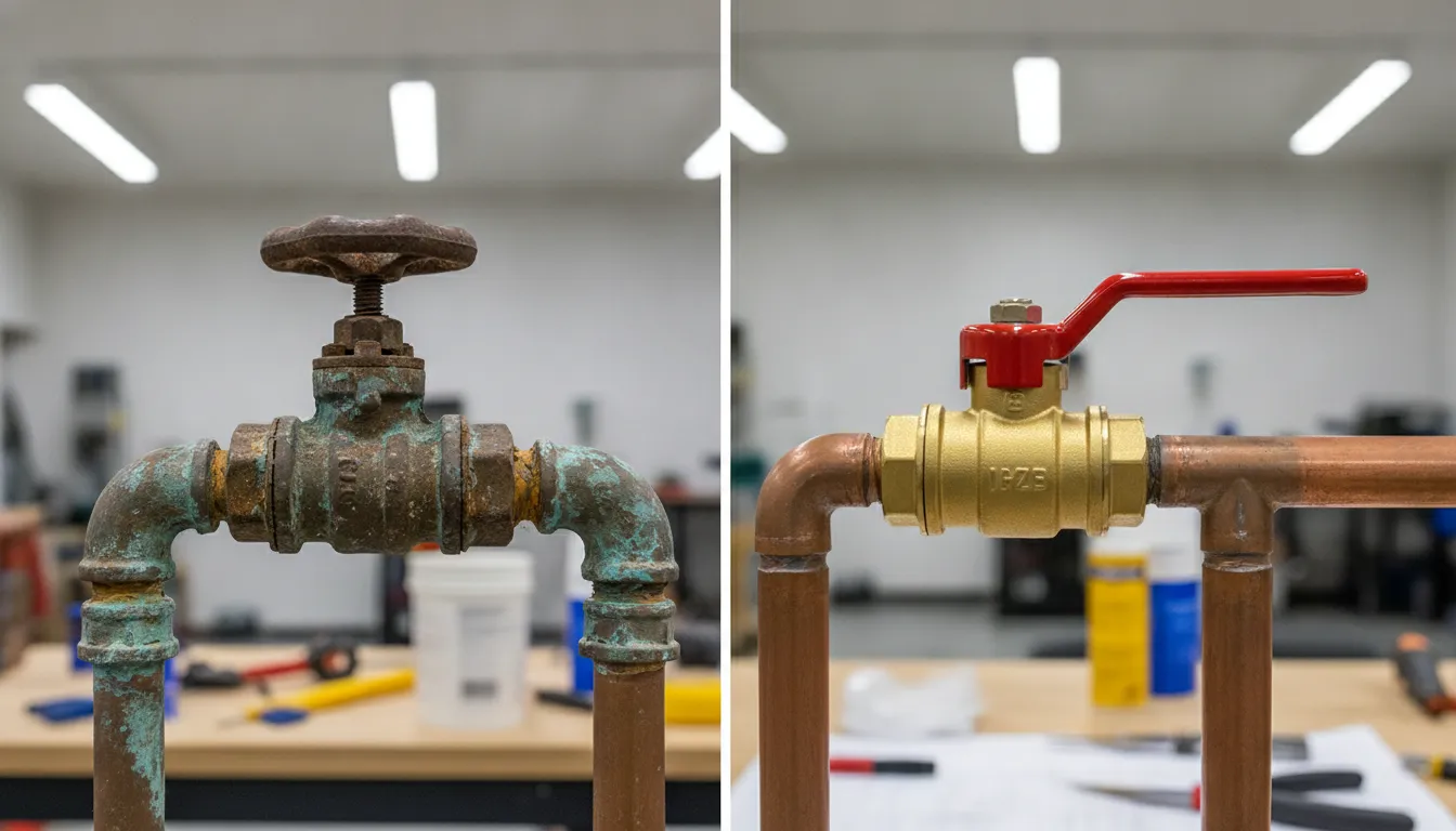 Old gate valve beside a new full-port ball valve for main water line valve replacement