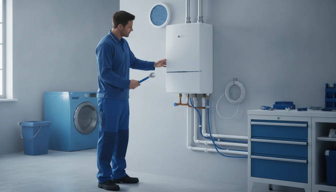 Professional inspecting a residential water heater in Royal Oak