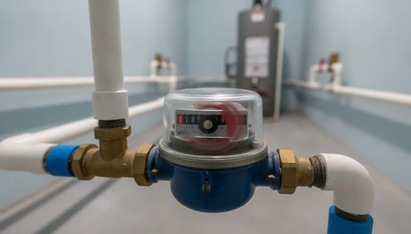 Home water meter showing the spinning dial used to detect signs of hidden water leak Detroit homeowners can check themselves