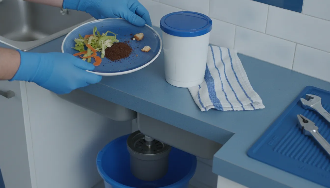 Kitchen sink and garbage disposal showing food scraps being scraped into the trash instead of the drain