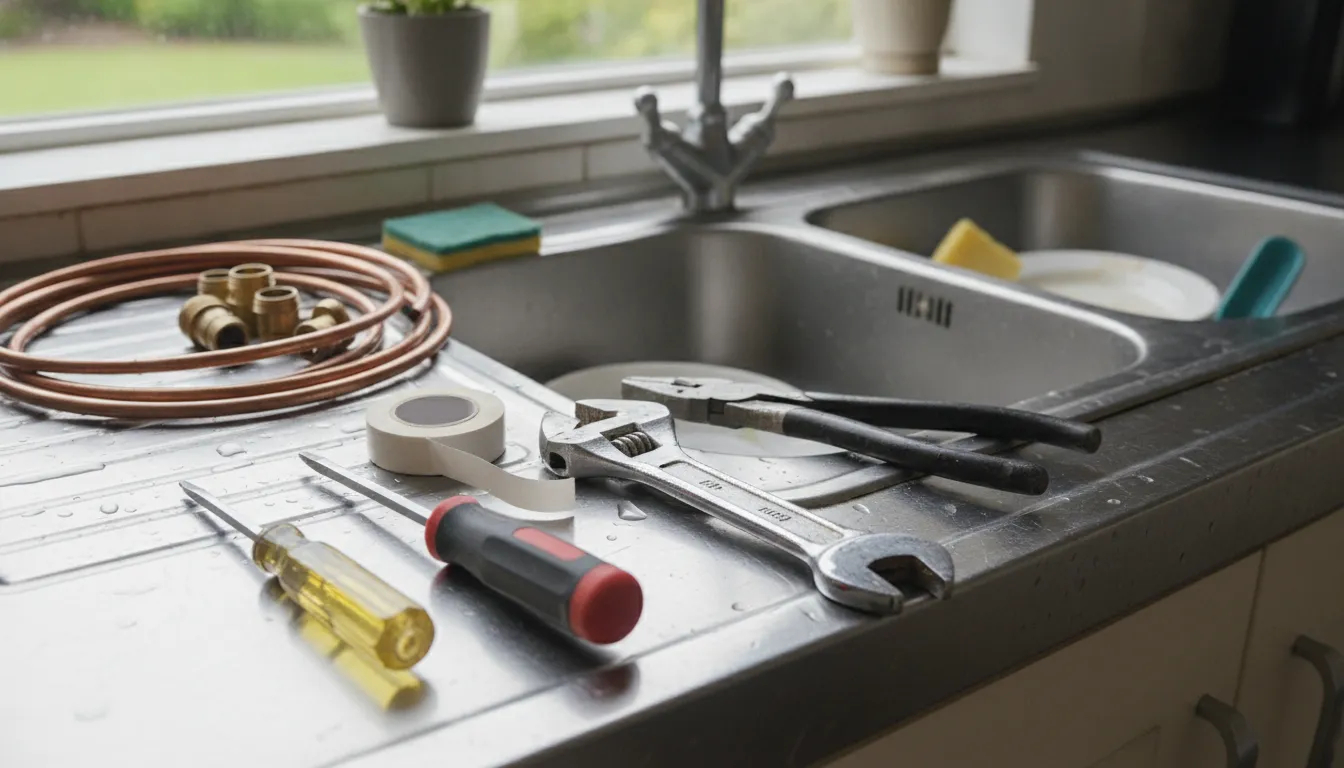 Plumbing tools like an adjustable wrench and screwdrivers needed for leaking faucet repair