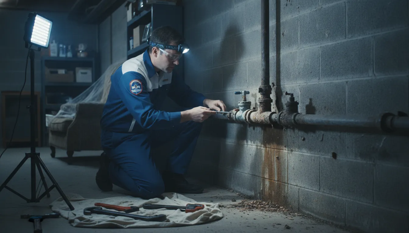 Mr. Pipey plumber inspecting a corroded galvanized supply pipe in a Detroit home basement