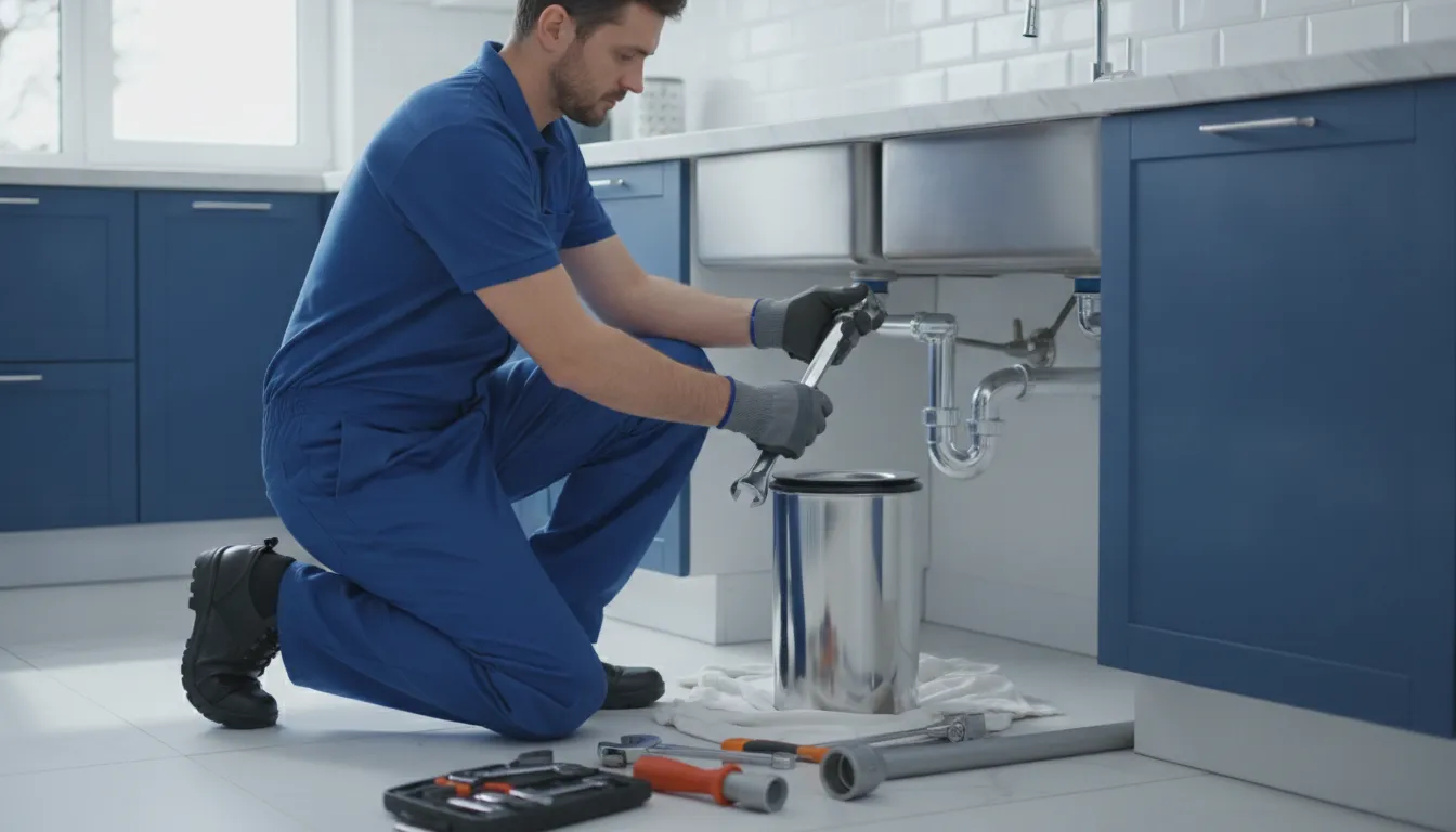 Professional plumber in a blue uniform connecting a new garbage disposal beneath a kitchen sink in a Detroit home