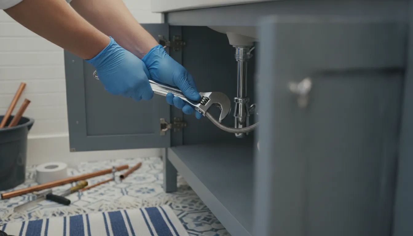 Plumber installing bathroom supply and drain lines in a clean blue and white service setting