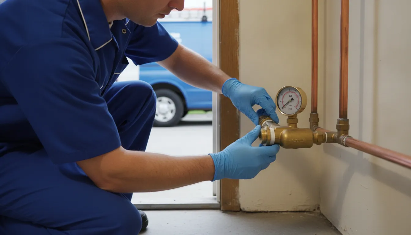 Professional plumber inspecting a residential water pressure regulator and pressure gauge