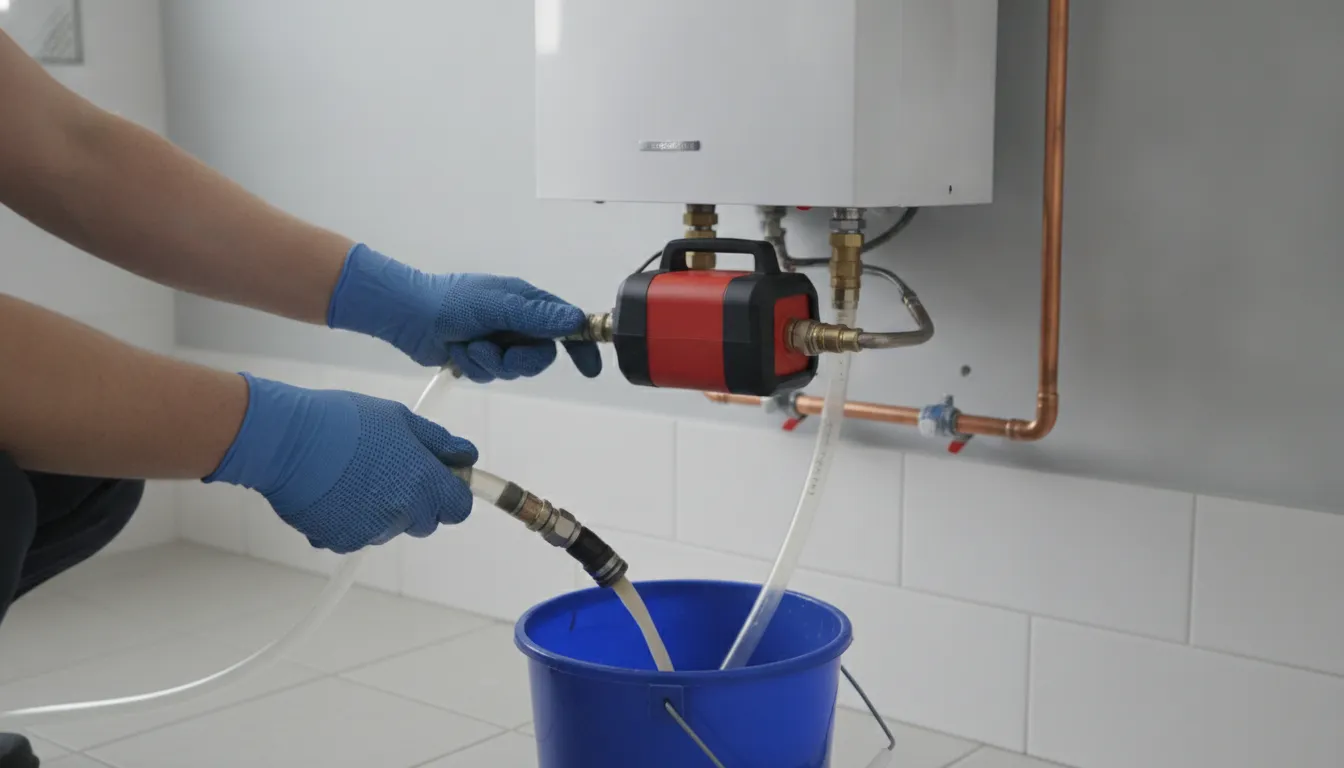 Licensed technician descaling a wall-mounted tankless water heater in a residential utility room