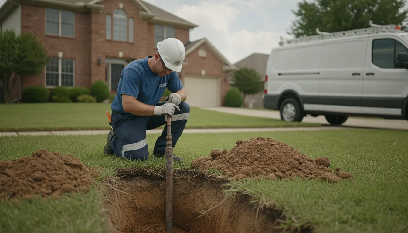 Plumbing technician inspecting an exposed water service line in a Detroit front yard