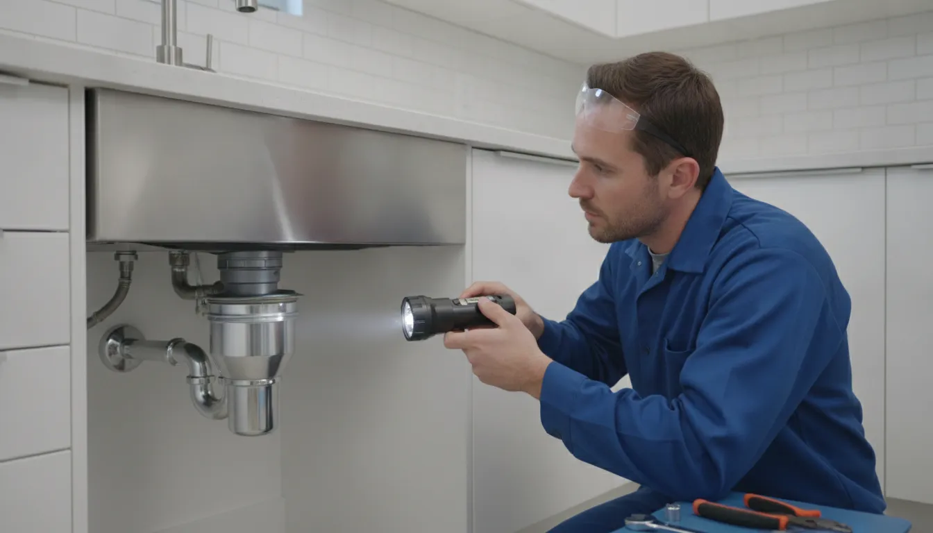 Plumber inspecting a kitchen garbage disposal beneath a sink
