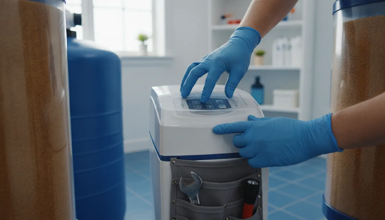 A professionally installed water softener system in a bright Metro Detroit home utility room