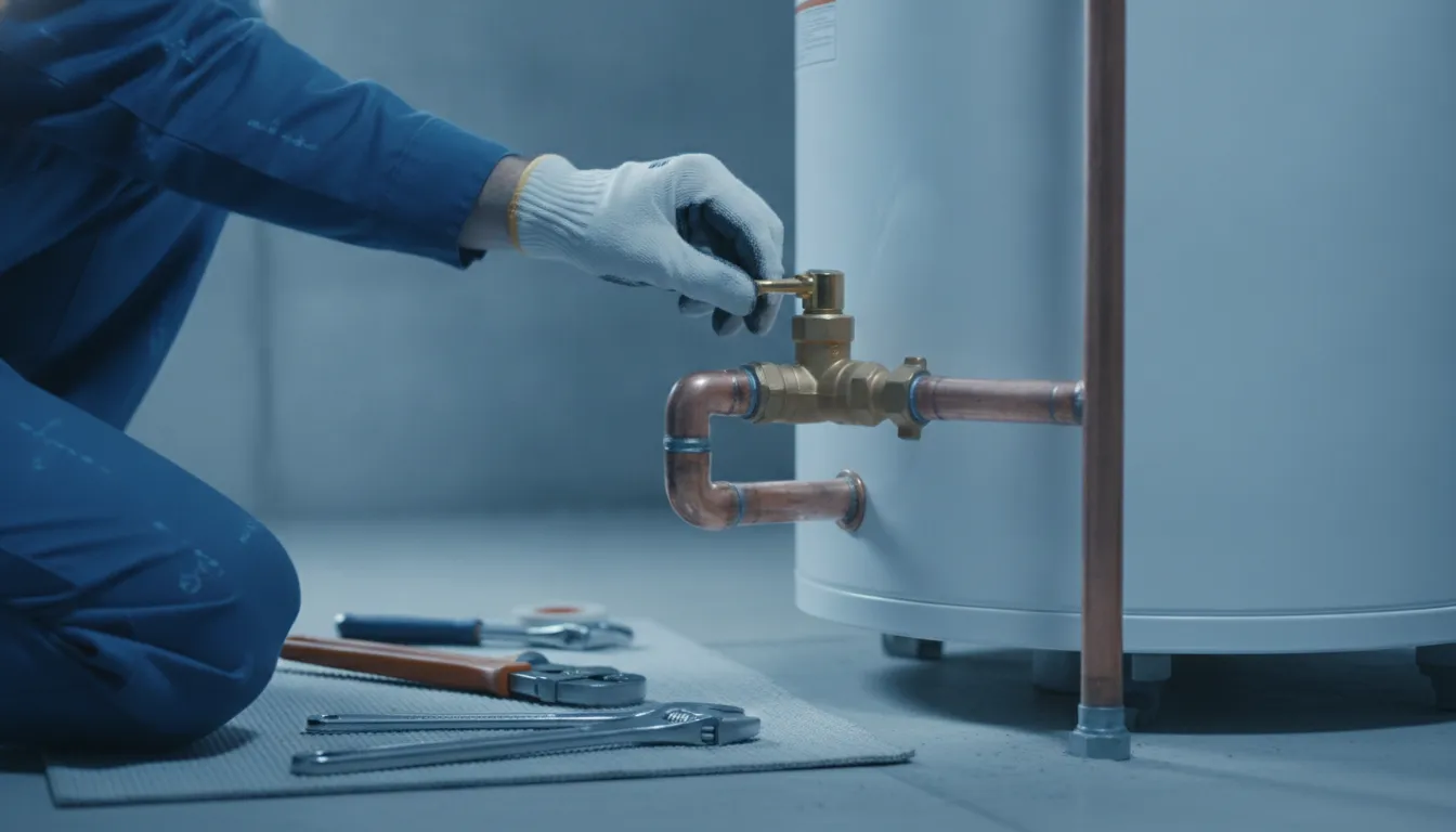 Professional plumber checking fittings on a residential 50-gallon water heater