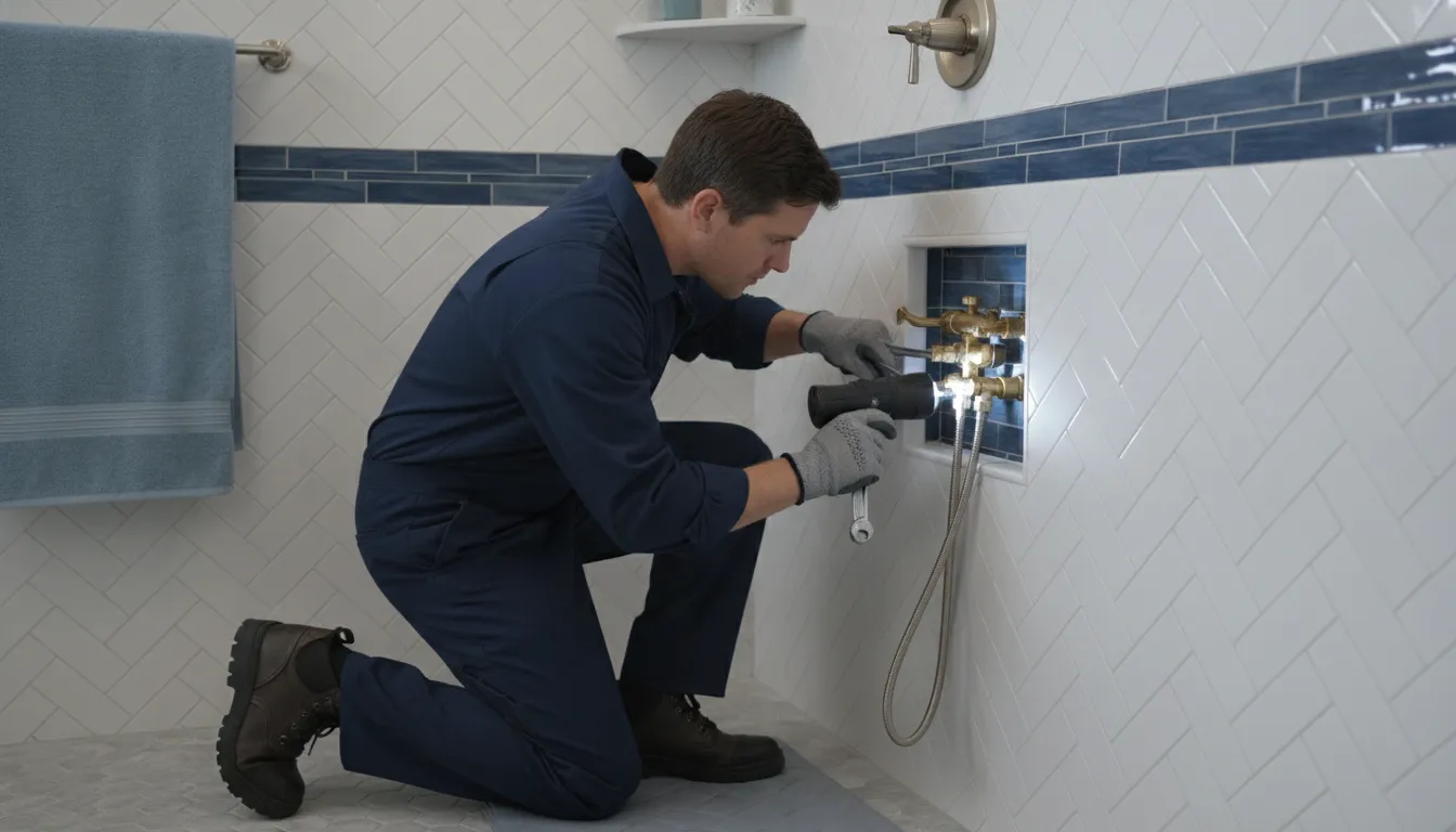Professional plumber inspecting bathroom plumbing connections