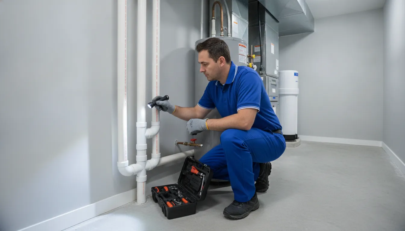 Professional plumber inspecting a residential drain pipe