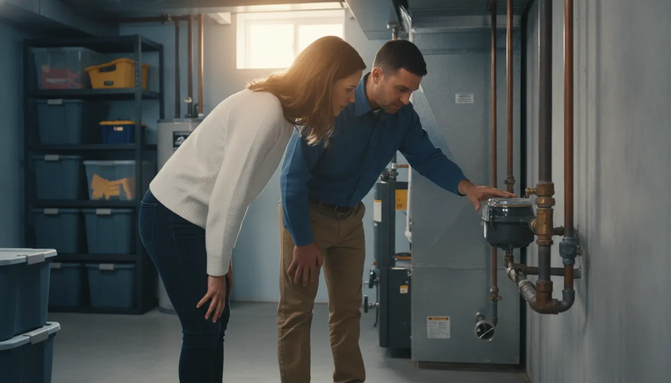Plumber explaining water service line condition to a homeowner in a basement utility area