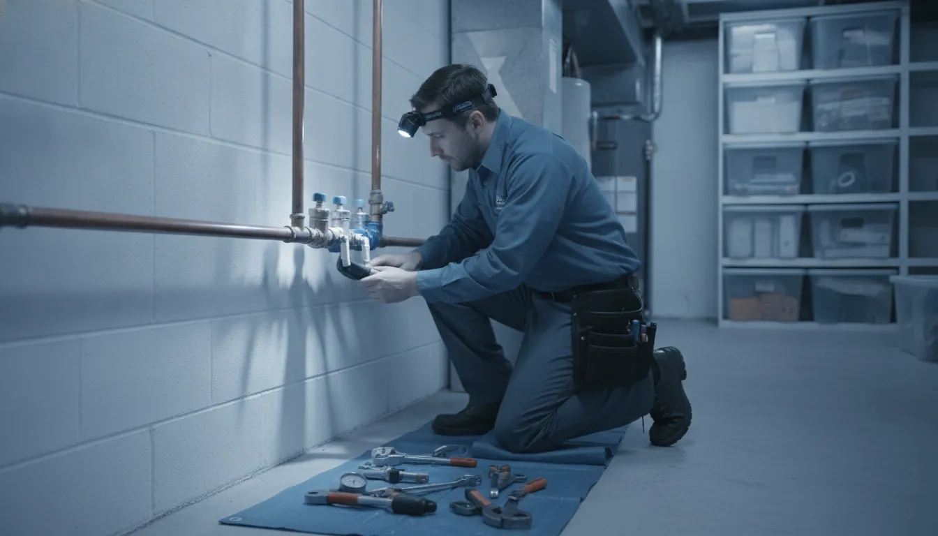 Plumbing technician checking main water line valves during a residential service visit