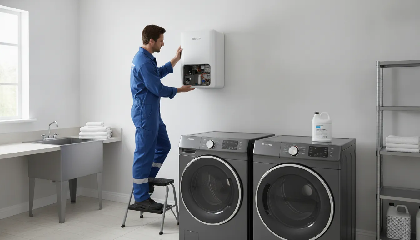 Technician performing annual maintenance flushing on a tankless water heater in a Detroit home