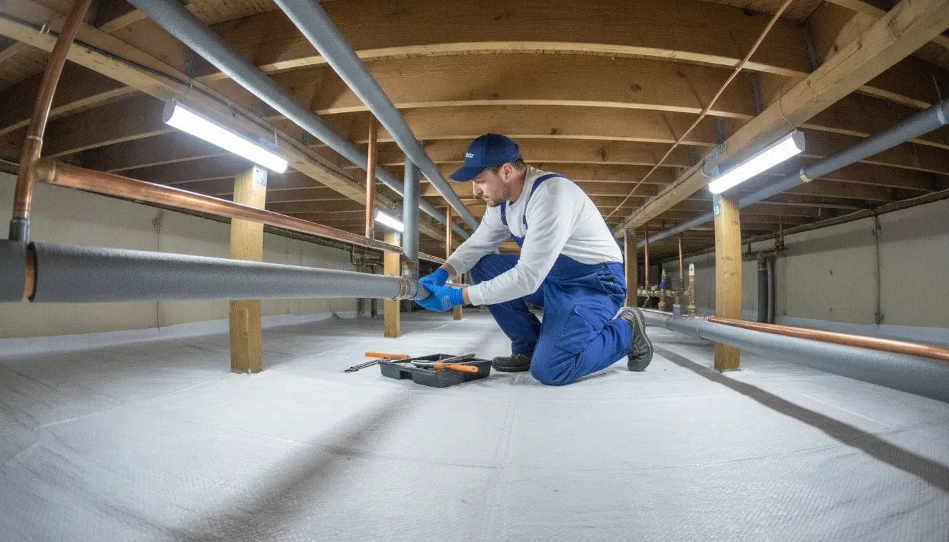 Plumber evaluating insulated water lines in an Ann Arbor crawlspace