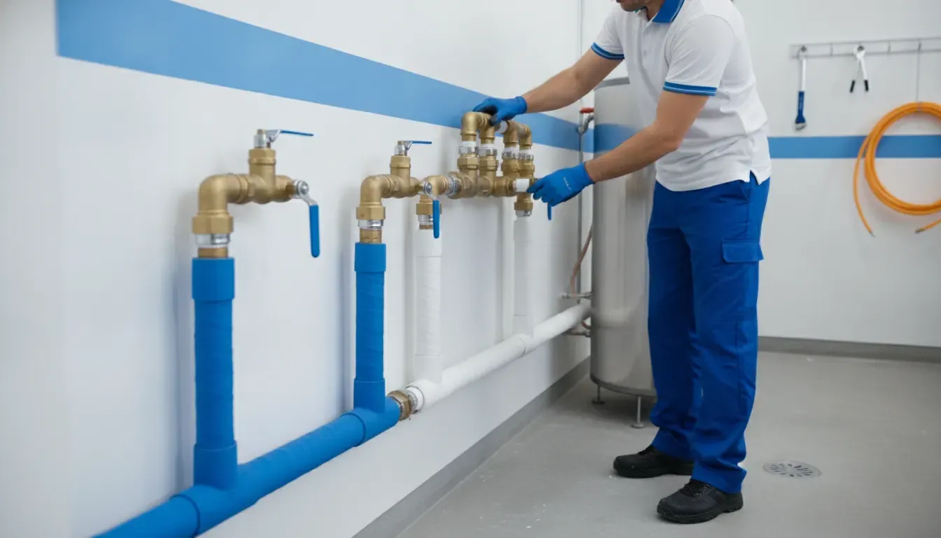 Professional plumber checking insulated valves and fittings in an Ann Arbor utility room