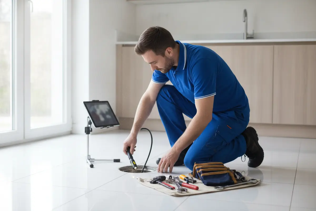 Plumber assessing a residential drain with professional inspection equipment