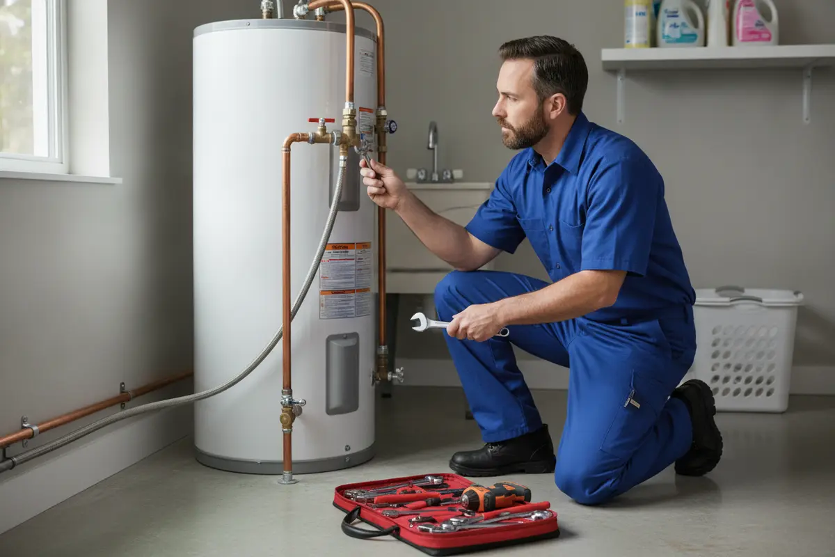 Plumber checking a tank water heater and its connections during a home inspection