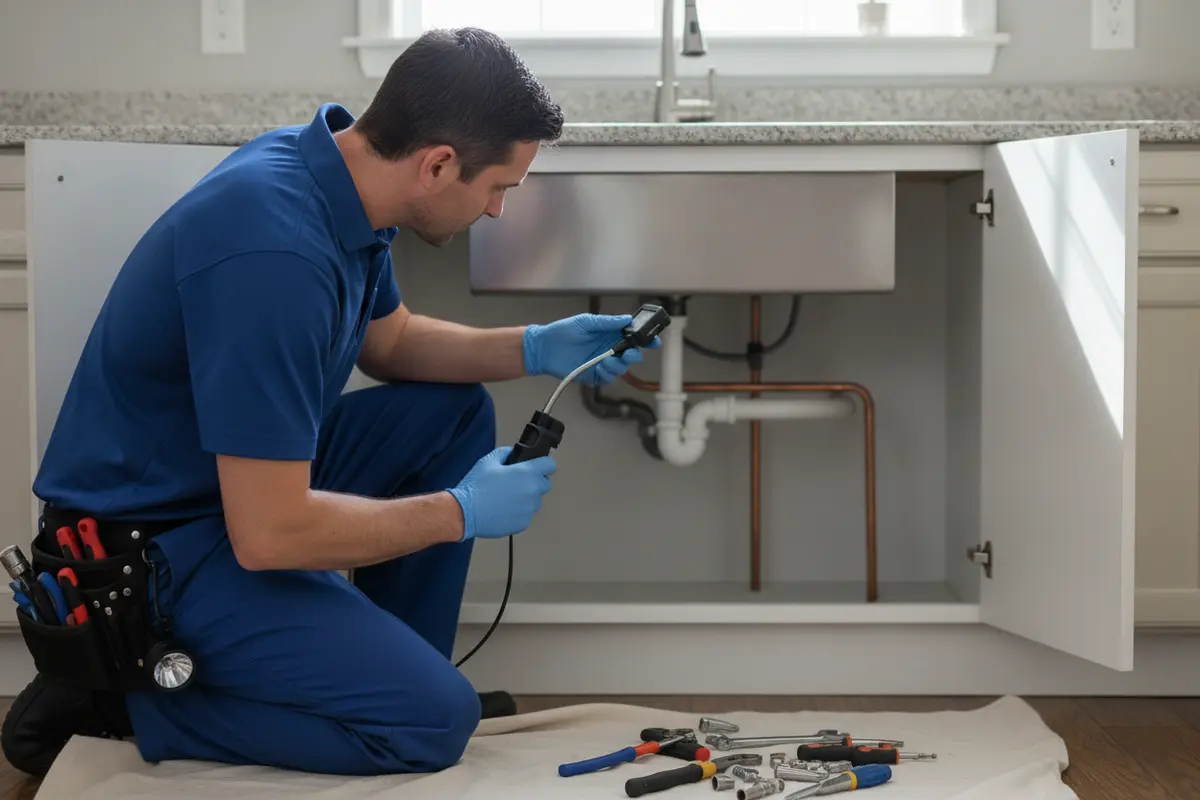 Plumber inspecting a kitchen drain to identify the source of a blockage