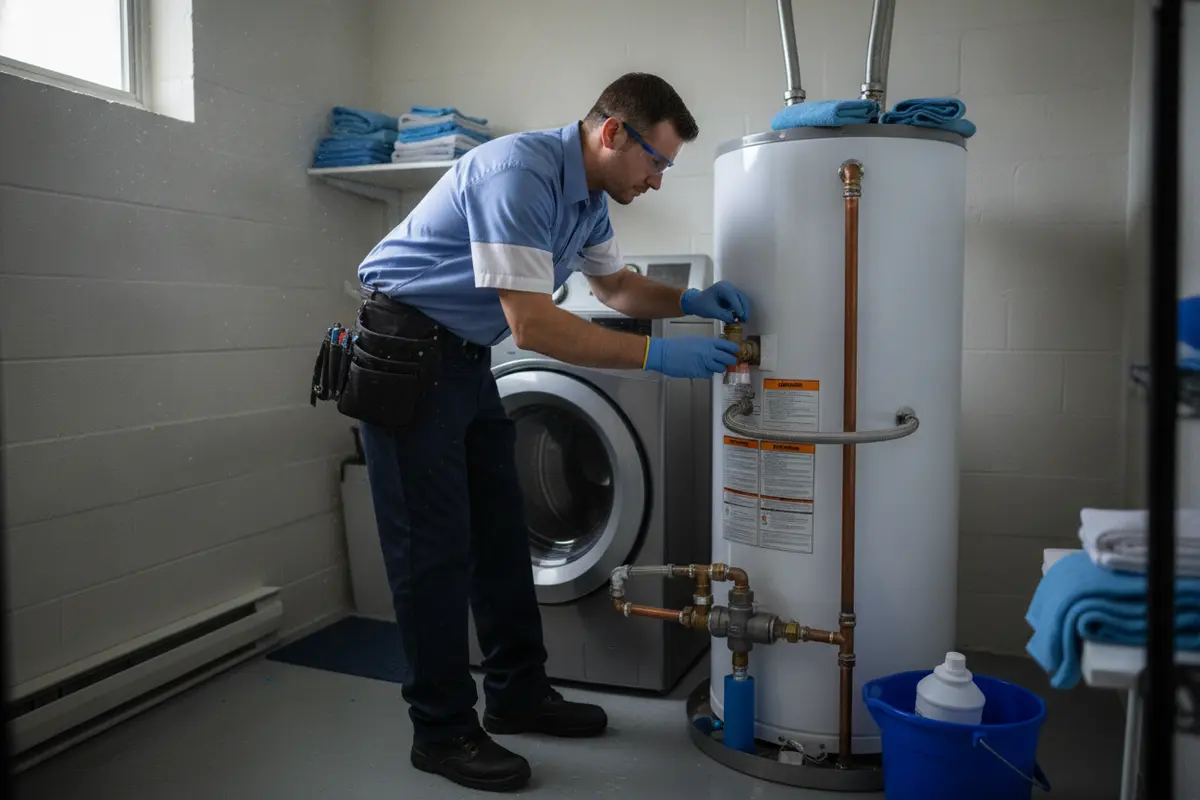 Plumber inspecting a tank water heater before maintenance in a Southfield home