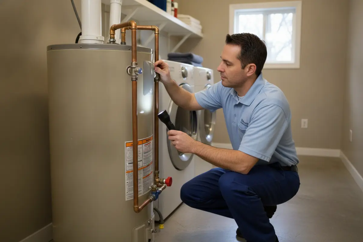 Plumber inspecting a tank water heater in a Novi home