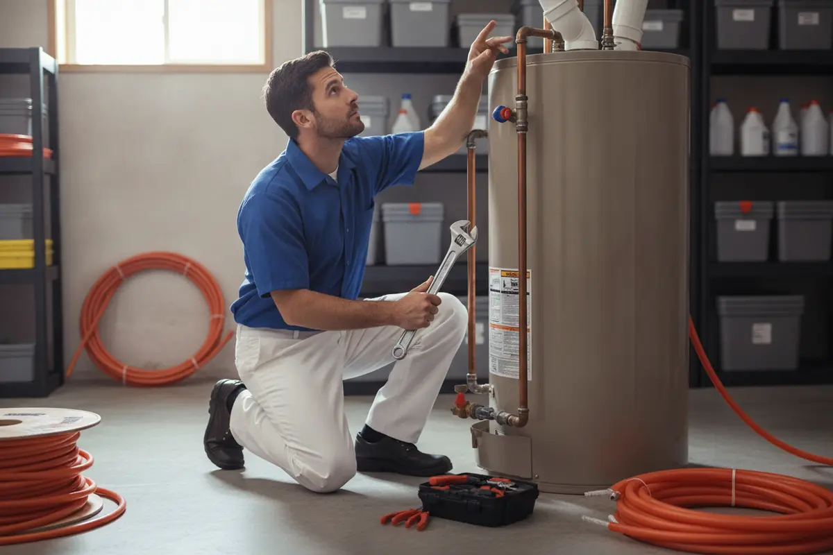 Plumber inspecting water heater connections and venting before preparing a replacement estimate.