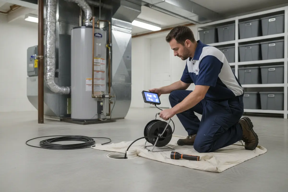 Plumber performing a professional drain inspection in an Allen Park basement