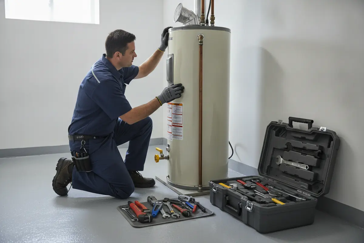 Plumber reviewing water heater venting and connections in a home