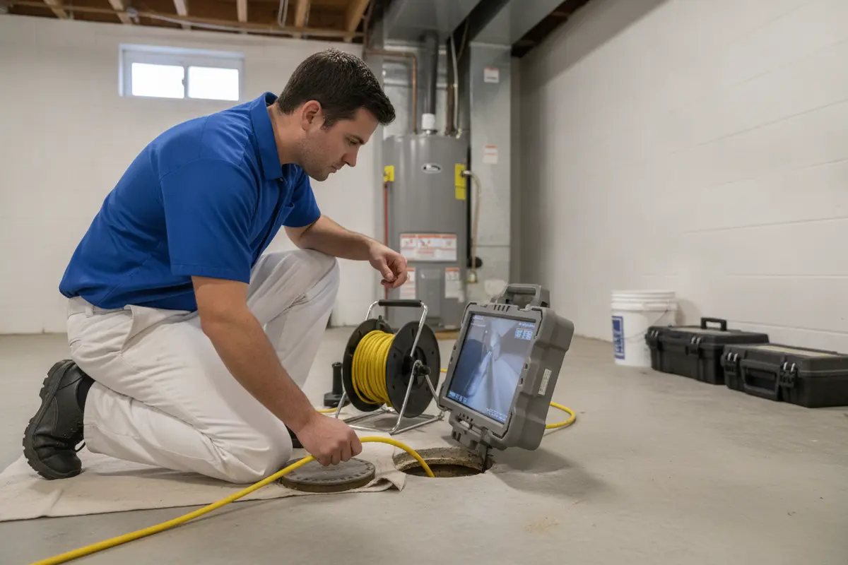 Plumber using a sewer camera to evaluate a residential drain line