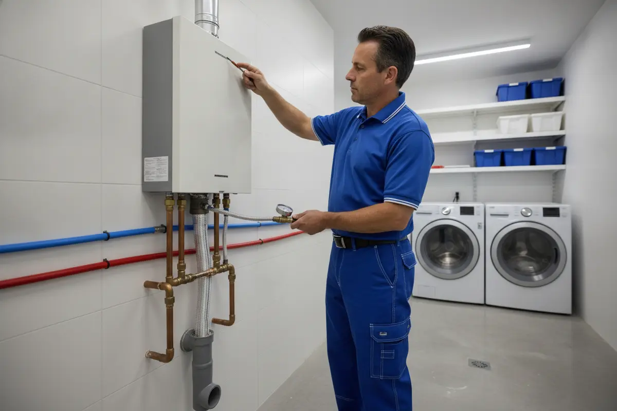 Plumbing professional reviewing water heater options beside a residential tankless unit