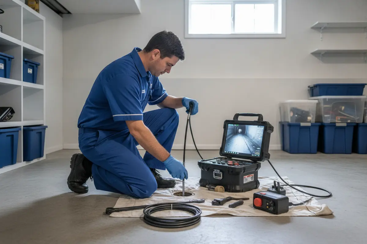 Plumbing technician performing a sewer camera inspection in a Southfield home