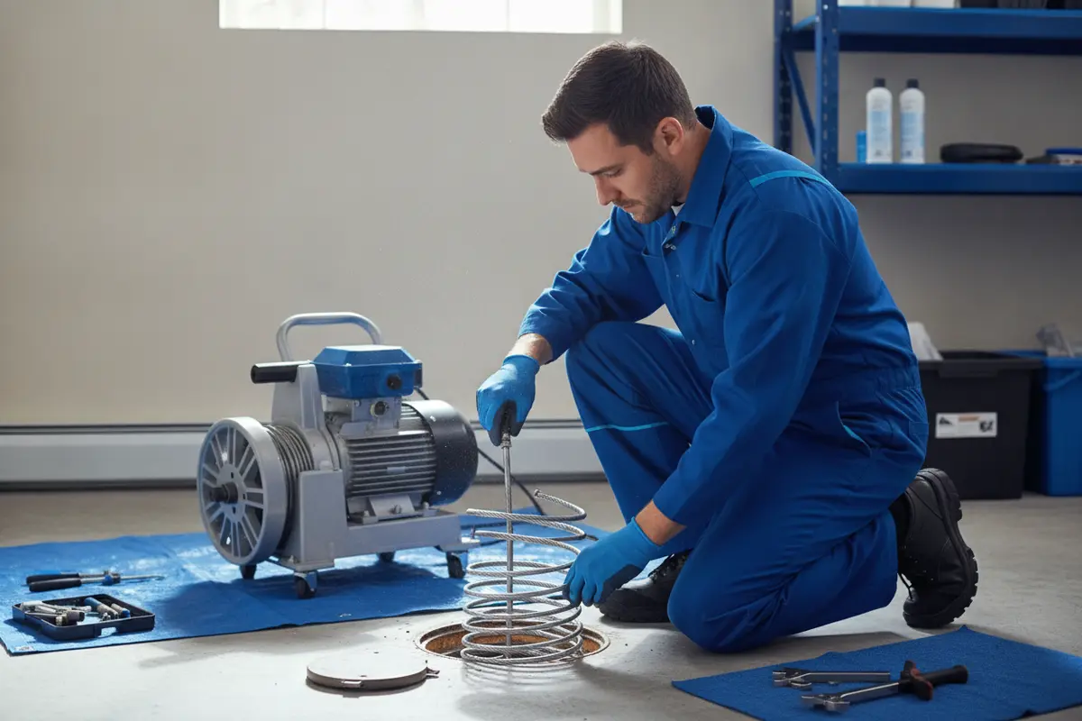 Plumbing technician prepares professional drain-cleaning equipment at a residential sewer access point