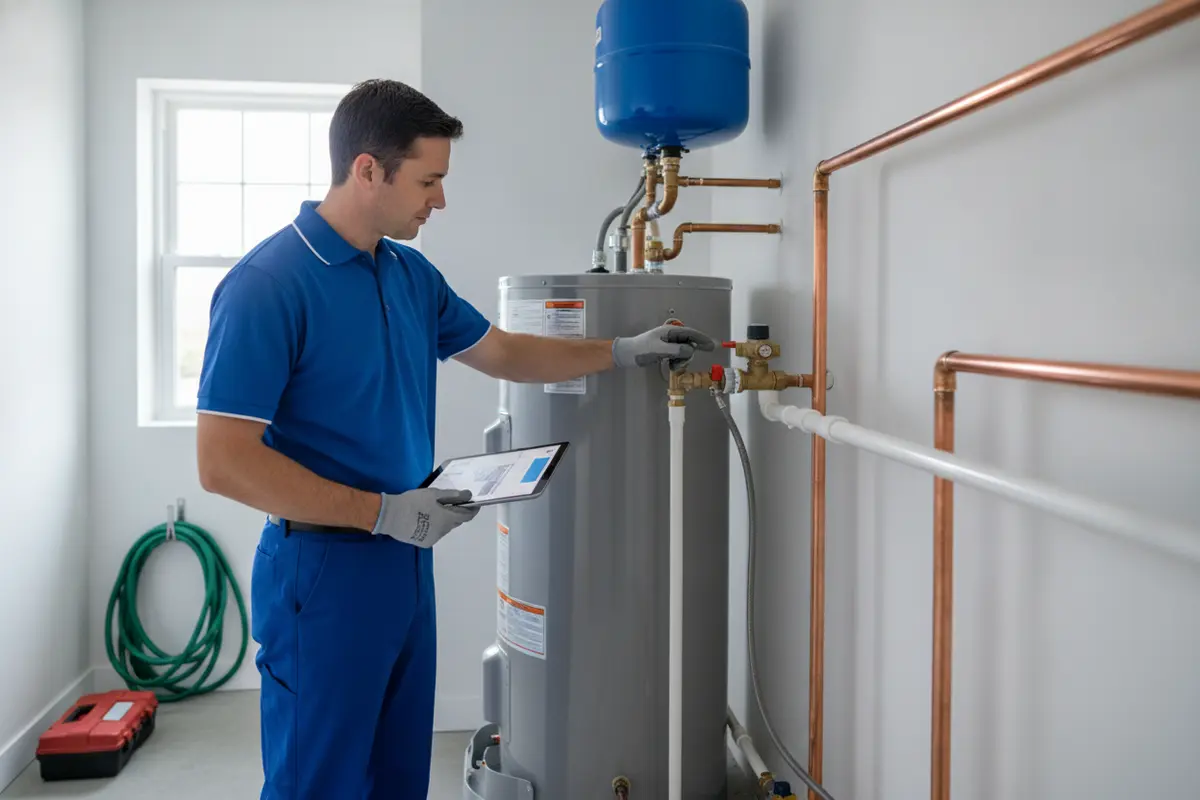 Plumbing technician reviewing a water heater installation plan beside equipment in a residential utility area.
