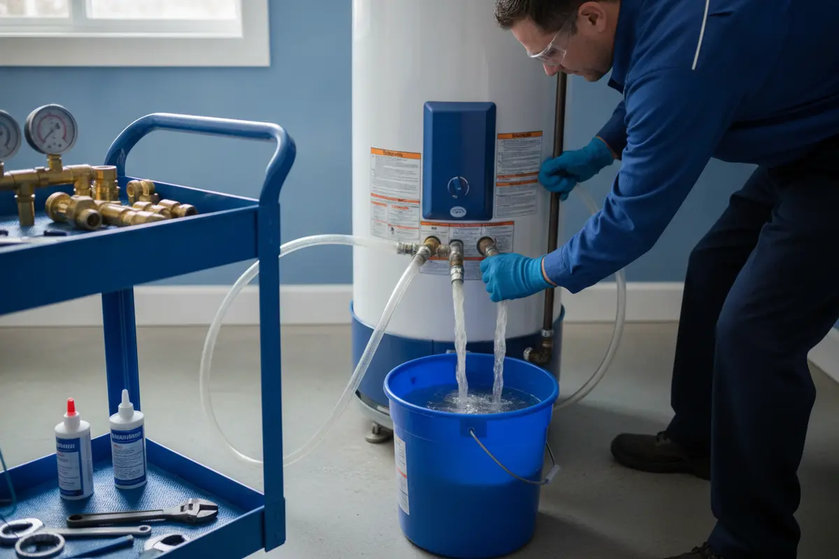 Professional plumber carrying out a controlled water heater flush