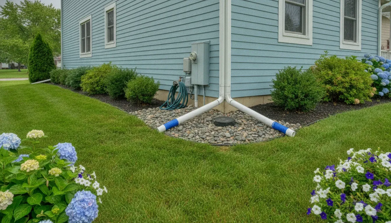 Downspout extensions directing rainwater away from a Warren Michigan home's foundation